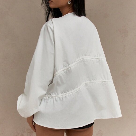 White Casual Women's Boho Tiered Ruched Balloon Long Sleeves Blouse - Picture 2 of 4